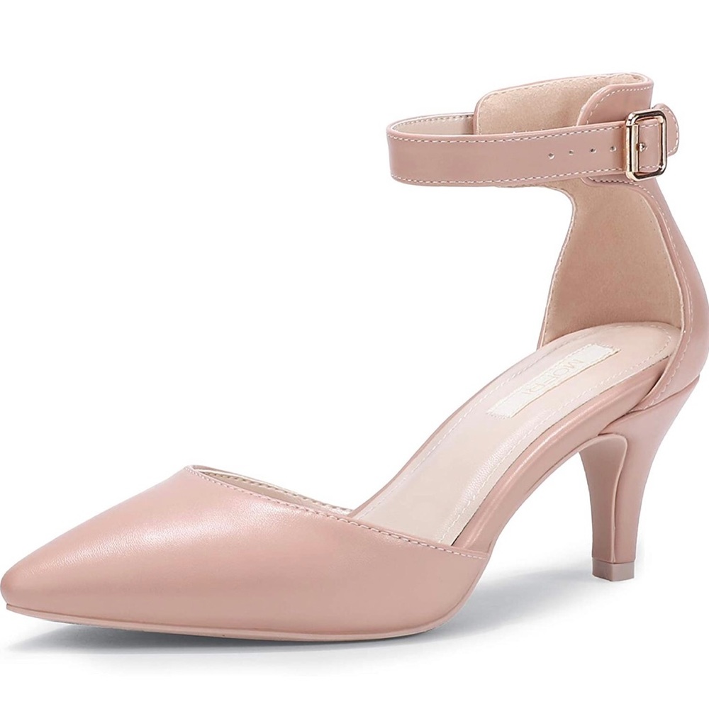 Mofri Low Closed Pointed Toe Ankle Strap Kitten Heel Pump